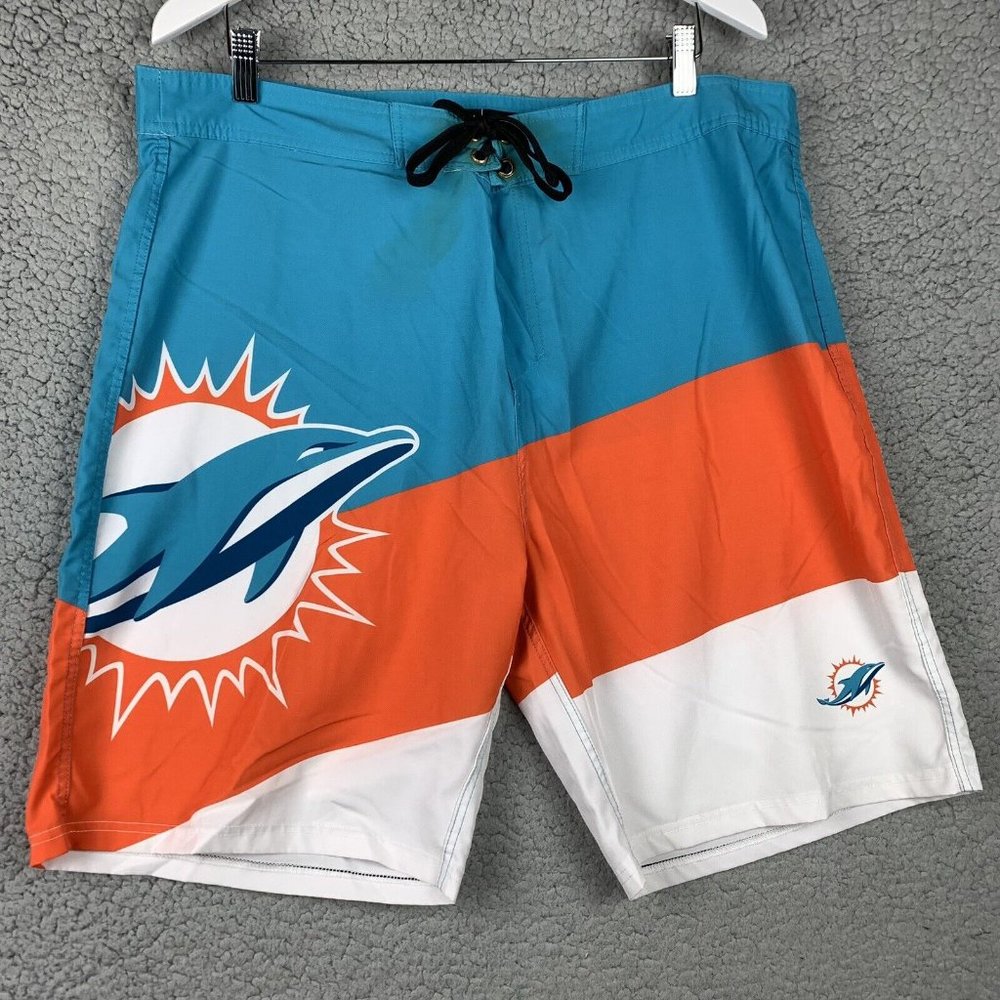 Miami Dolphins Board Shorts Size 38 Swim Trunks NFL Team Apparel * FLAWS READ *